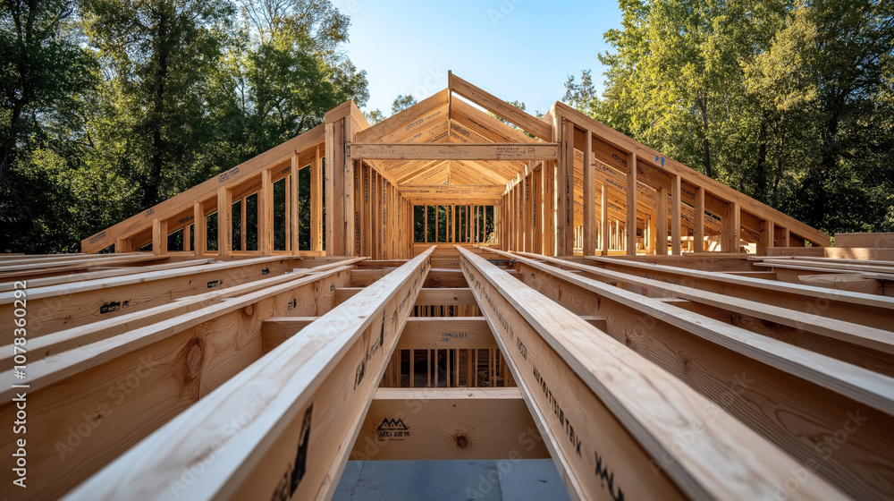 Obraz premium Wooden framework of a house under construction with visible roof trusses and joists in a forested area on a clear day.