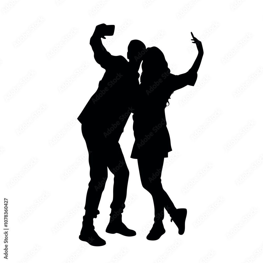 A couple standing side by side, with one person holding the phone for a selfie. The two are close together silhouette A couple standing side by side, with one person holding the phone for a selfie. The two are close together silhouette