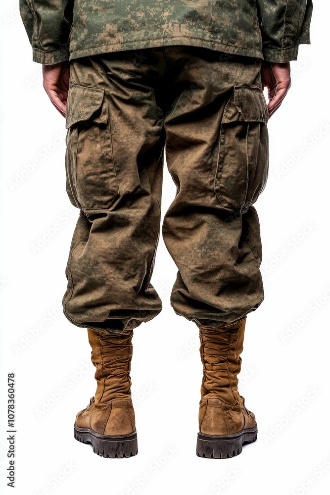 Camouflage pants and boots from the back. Camouflage pants and boots from the back.