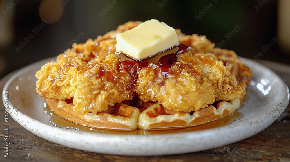 Crispy Chicken and Waffles with Maple Syrup and Butter on a Rustic Plate Crispy Chicken and Waffles with Maple Syrup and Butter on a Rustic Plate