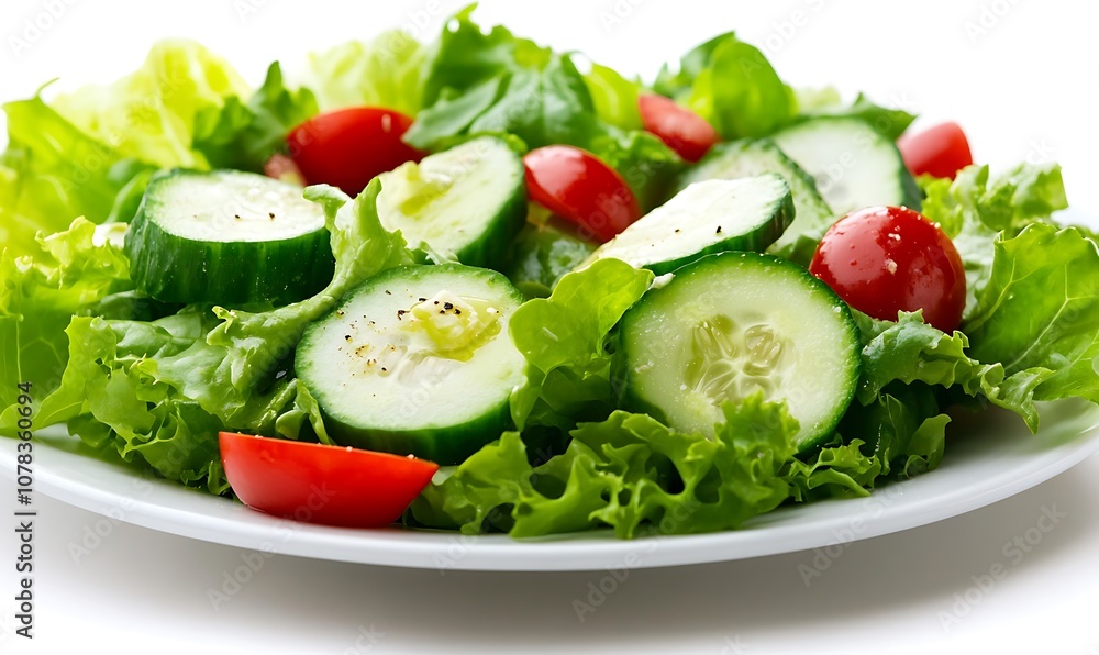 Fresh salad with cucumber, tomatoes and lettuce on white plate. Fresh salad with cucumber, tomatoes and lettuce on white plate.