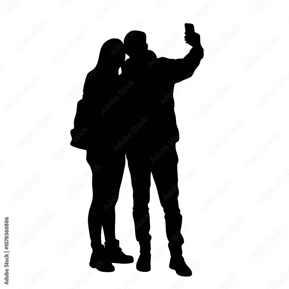 A couple standing side by side, with one person holding the phone for a selfie. The two are close together silhouette A couple standing side by side, with one person holding the phone for a selfie. The two are close together silhouette