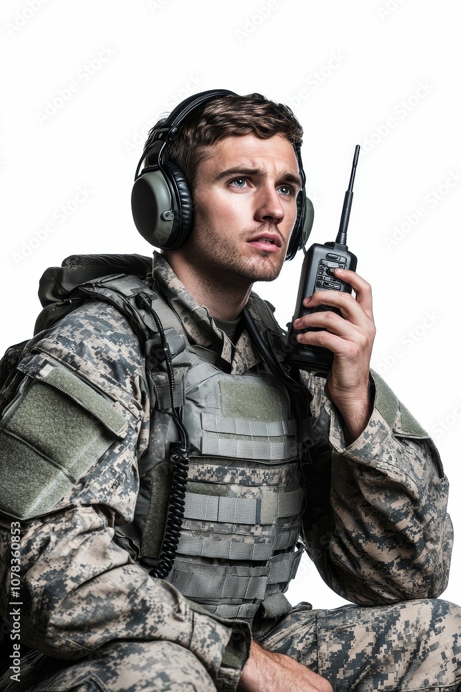 Fototapeta premium A soldier wearing camouflage listening to a radio.