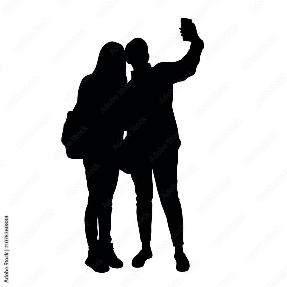 A couple standing side by side, with one person holding the phone for a selfie. The two are close together silhouette A couple standing side by side, with one person holding the phone for a selfie. The two are close together silhouette