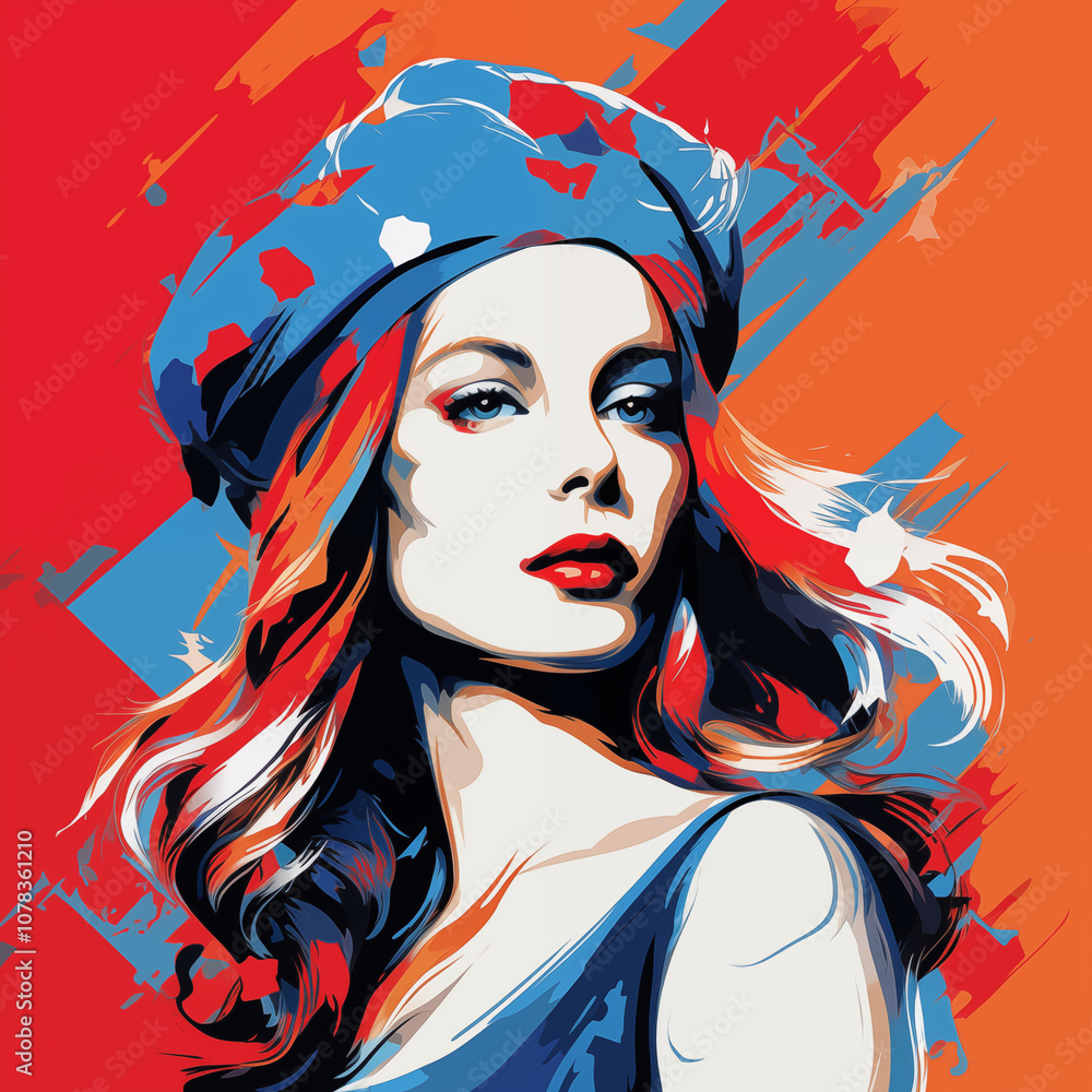 Naklejka premium Marianne, the French emblem of patriotism, is illustrated in a modern portrait with tricolor, symbolizing liberty, feminism, and revolution.