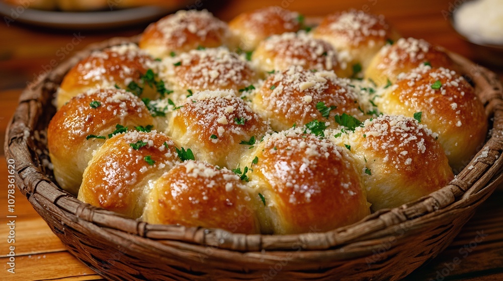Garlic Knots with Parmesan and Parsley in a Rustic Bread Basket Garlic Knots with Parmesan and Parsley in a Rustic Bread Basket