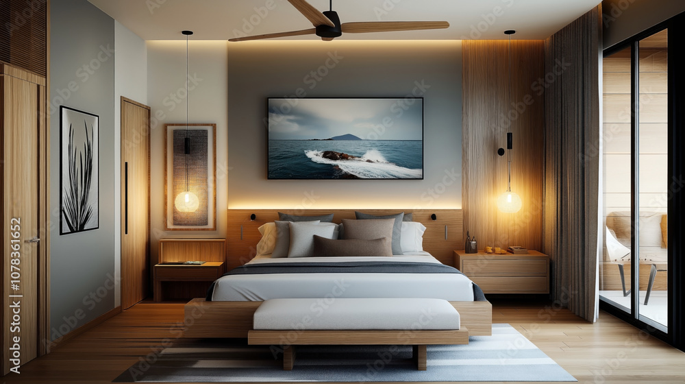 Modern bedroom interior with a large bed, wooden elements, wall art, pendant lights, and sliding glass doors leading to a balcony. The room features neutral tones and contemporary design. Modern bedroom interior with a large bed, wooden elements, wall art, pendant lights, and sliding glass doors leading to a balcony. The room features neutral tones and contemporary design.
