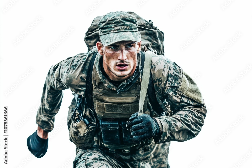 Fototapeta premium Camouflaged soldier with backpack running.