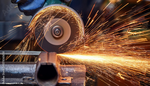 A grinding wheel sends bright sparks flying while cutting metal, with the spinning disc and dramatic shower of sparks captured in sharp detail.