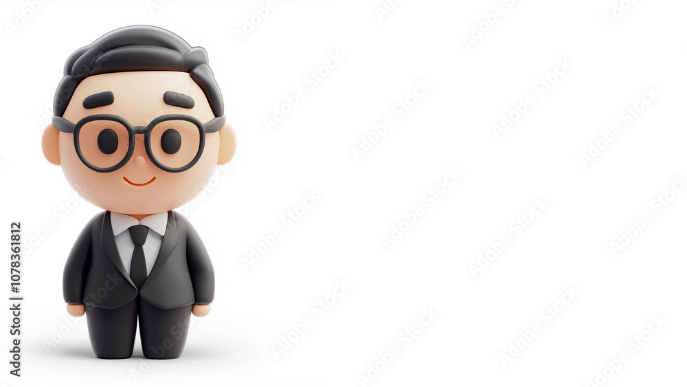 Teacher, 3D icon illustration, smiling, black suit, tie, white shirt, eyeglasses, isolated on white background, design concept and education material. Copy space, aspect ratio 16:9 Teacher, 3D icon illustration, smiling, black suit, tie, white shirt, eyeglasses, isolated on white background, design concept and education material. Copy space, aspect ratio 16:9