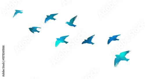 blue birds. A flock of flying blue birds. hand drawing. Not AI. Vector illustration.