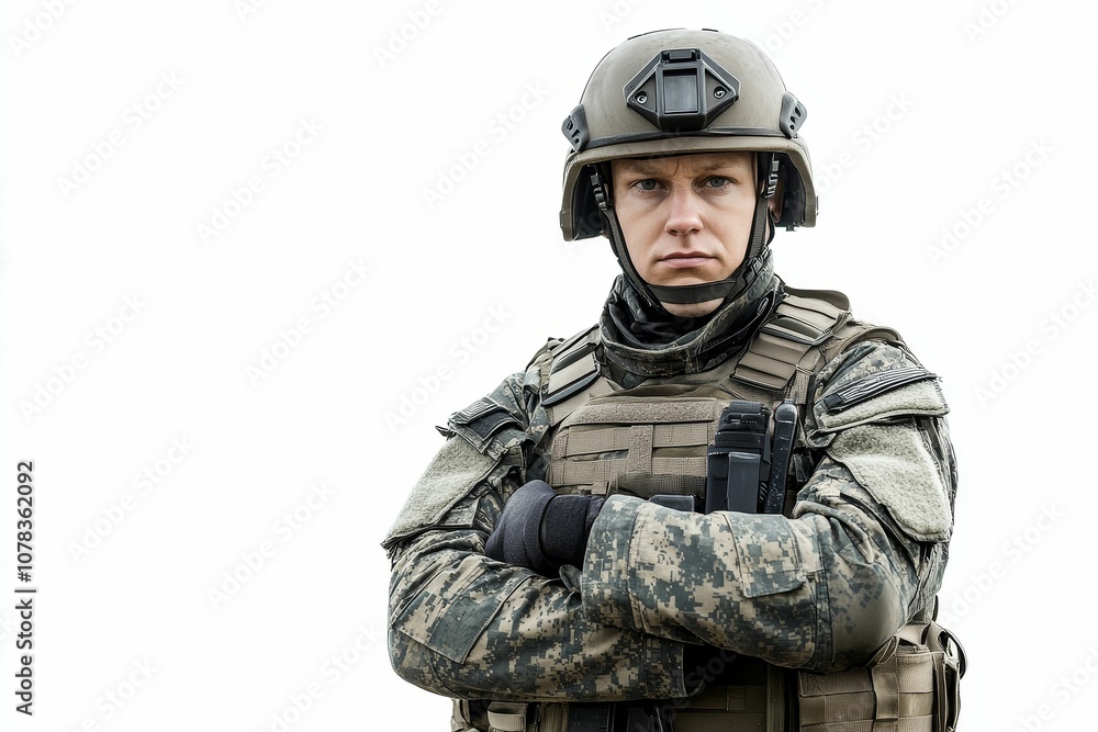 Fototapeta premium A soldier in camouflage stands with arms crossed.