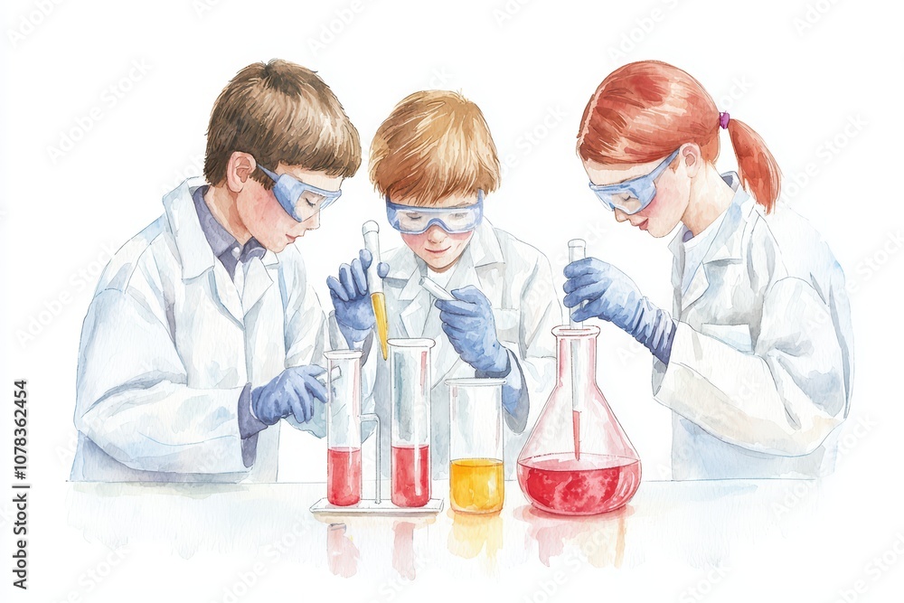 Three children in lab coats engaged in a science experiment with colorful liquids in beakers. Three children in lab coats engaged in a science experiment with colorful liquids in beakers.