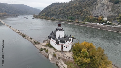 Aerial view of Pfalzgrafenstein Castle on the Rhine River. photo