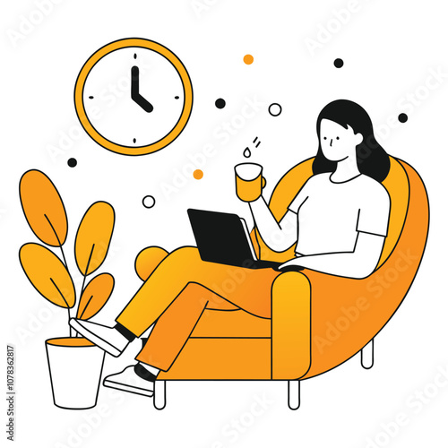 Woman enjoys a relaxing work-from home day with coffee and laptop