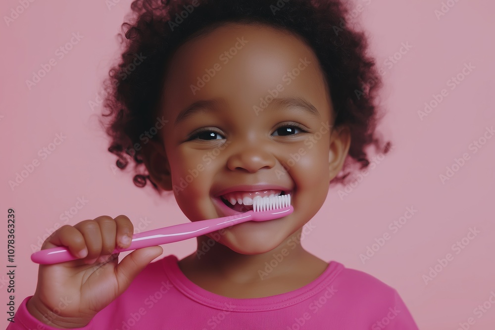 A young girl with curly hair smiles while brushing her teeth with a pink toothbrush against a pink wall, showcasing hygiene and oral care