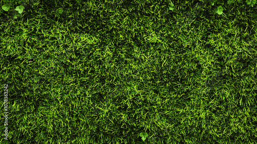 Close-up of a Lush Green Grass Lawn with Delicate Clover Leaves, Ideal for Backgrounds, Textures, and Nature-Inspired Designs.