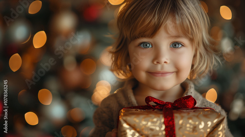 Joyful Christmas: A Young Boy Holding a Gift with a Warm Holiday Glow