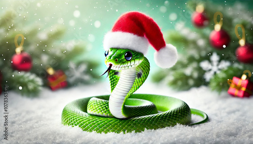 A cheerful green snake wearing a Santa hat celebrates New Year 2025 in a snowy forest with Christmas decorations, gifts, and fireworks lighting up the night sky.