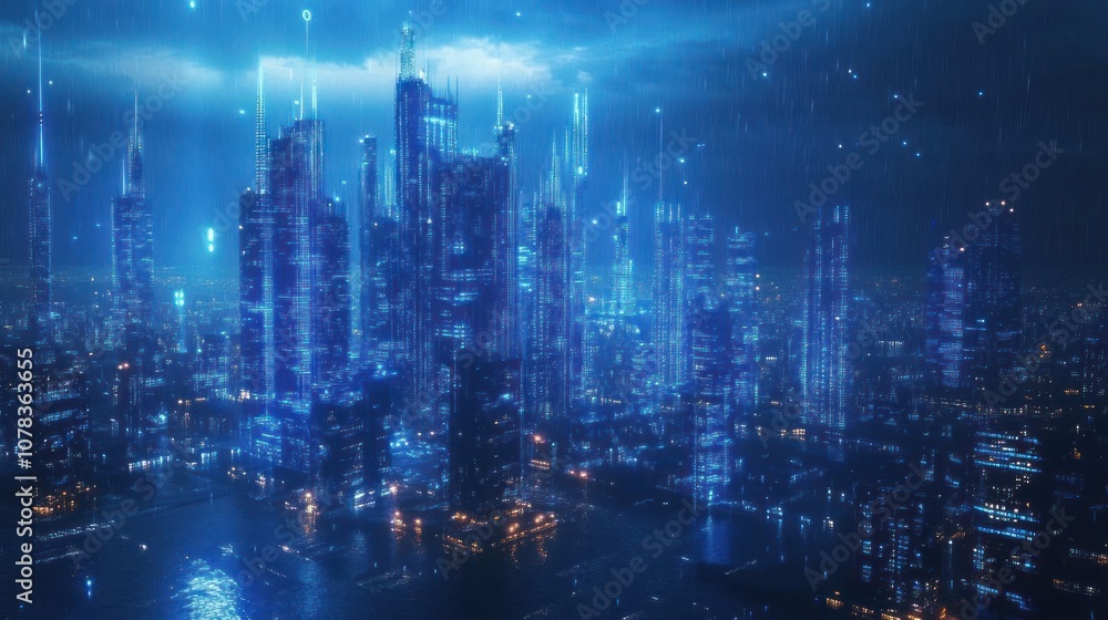Fototapeta premium A futuristic cityscape with glowing skyscrapers and a blue sky, representing the concept of technology and innovation.