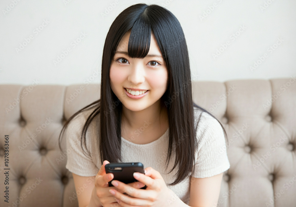ソファに座ってスマホを操作する女性、くつろぐ、リラックス ソファに座ってスマホを操作する女性、くつろぐ、リラックス