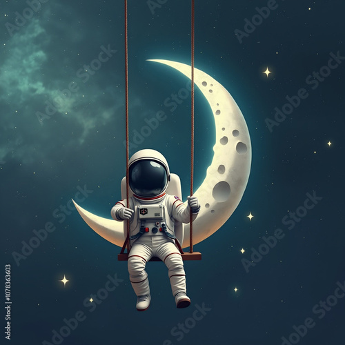 An astronaut in a spacesuit gently swings in space, surrounded by  stars and a glowing crescent moo photo