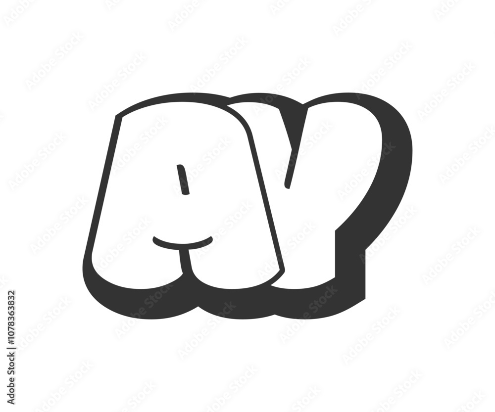 AY logo, bubble comic lettering, rounded in graffiti style black and white silhouette. Trendy preschool A and Y letter text for festival party, personal initials, children funky print and web. AY logo, bubble comic lettering, rounded in graffiti style black and white silhouette. Trendy preschool A and Y letter text for festival party, personal initials, children funky print and web.