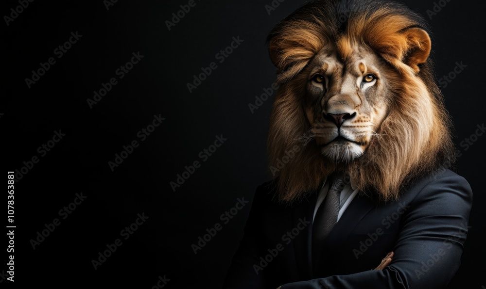Lion-human hybrid figure in suit, confident pose, dark background Lion-human hybrid figure in suit, confident pose, dark background
