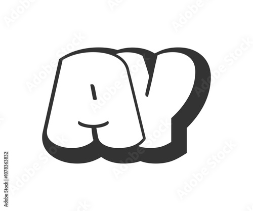 AY logo, bubble comic lettering, rounded in graffiti style black and white silhouette. Trendy preschool A and Y letter text for festival party, personal initials, children funky print and web.