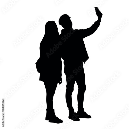 A couple standing side by side, with one person holding the phone for a selfie. The two are close together silhouette