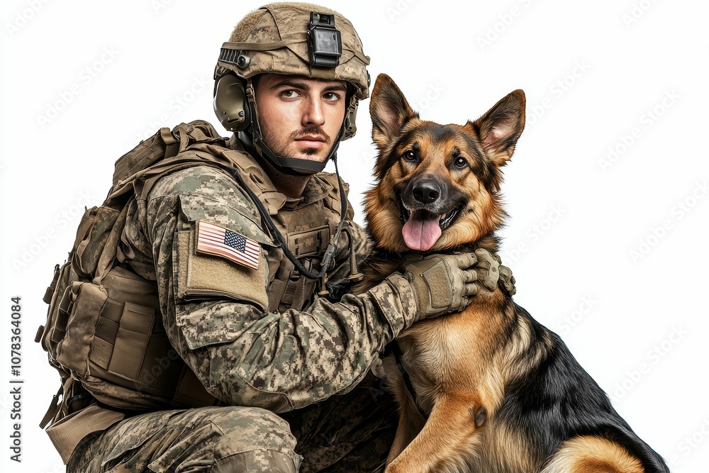 Soldier in camo with American flag patch hugging German Shepherd. Soldier in camo with American flag patch hugging German Shepherd.