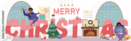 Merry christmas text. Color inscription huge letters, tiny people engaged in indoor activities, home, family activities, New Year preparations. Flyer, invitation, sticker, banner, vector hand drawn.