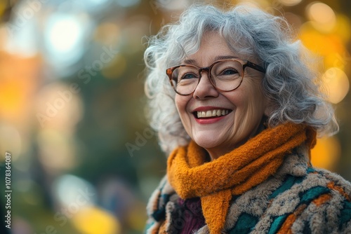 Smiling elderly woman with curly gray hair wearing an orange scarf during a sunny autumn day