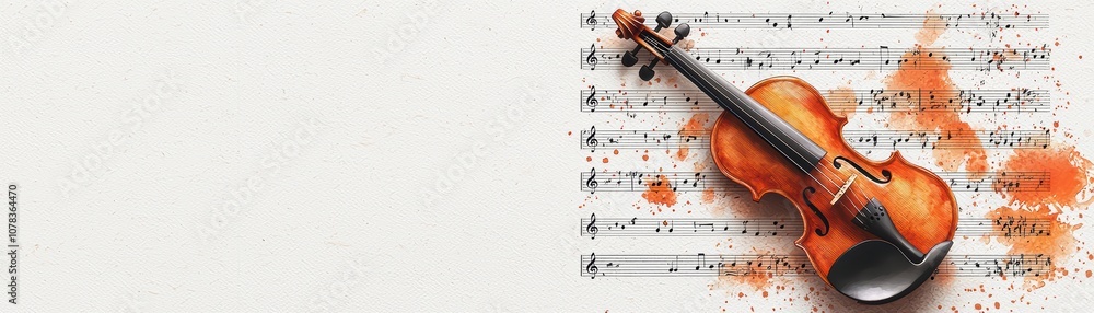 Violin on sheet music with an artistic splash, perfect for music lovers and creative projects. Violin on sheet music with an artistic splash, perfect for music lovers and creative projects.