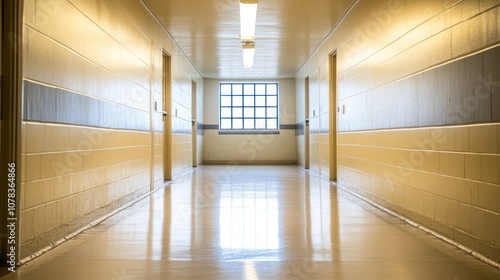 Wallpaper Mural A well-lit, empty corridor with doors on either side and a window at the end. Torontodigital.ca