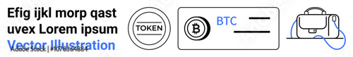 Tokens, Bitcoin logos, digital wallet icons, and sample text highlight cryptocurrency themes. Ideal for fintech, blockchain, banking, mobile apps, websites, infographics, educational content