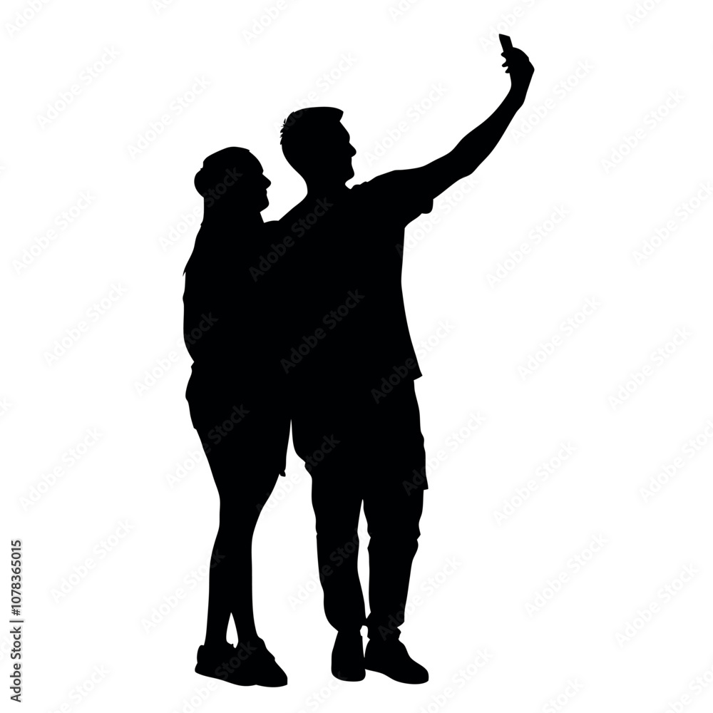 A couple standing side by side, with one person holding the phone for a selfie. The two are close together silhouette A couple standing side by side, with one person holding the phone for a selfie. The two are close together silhouette