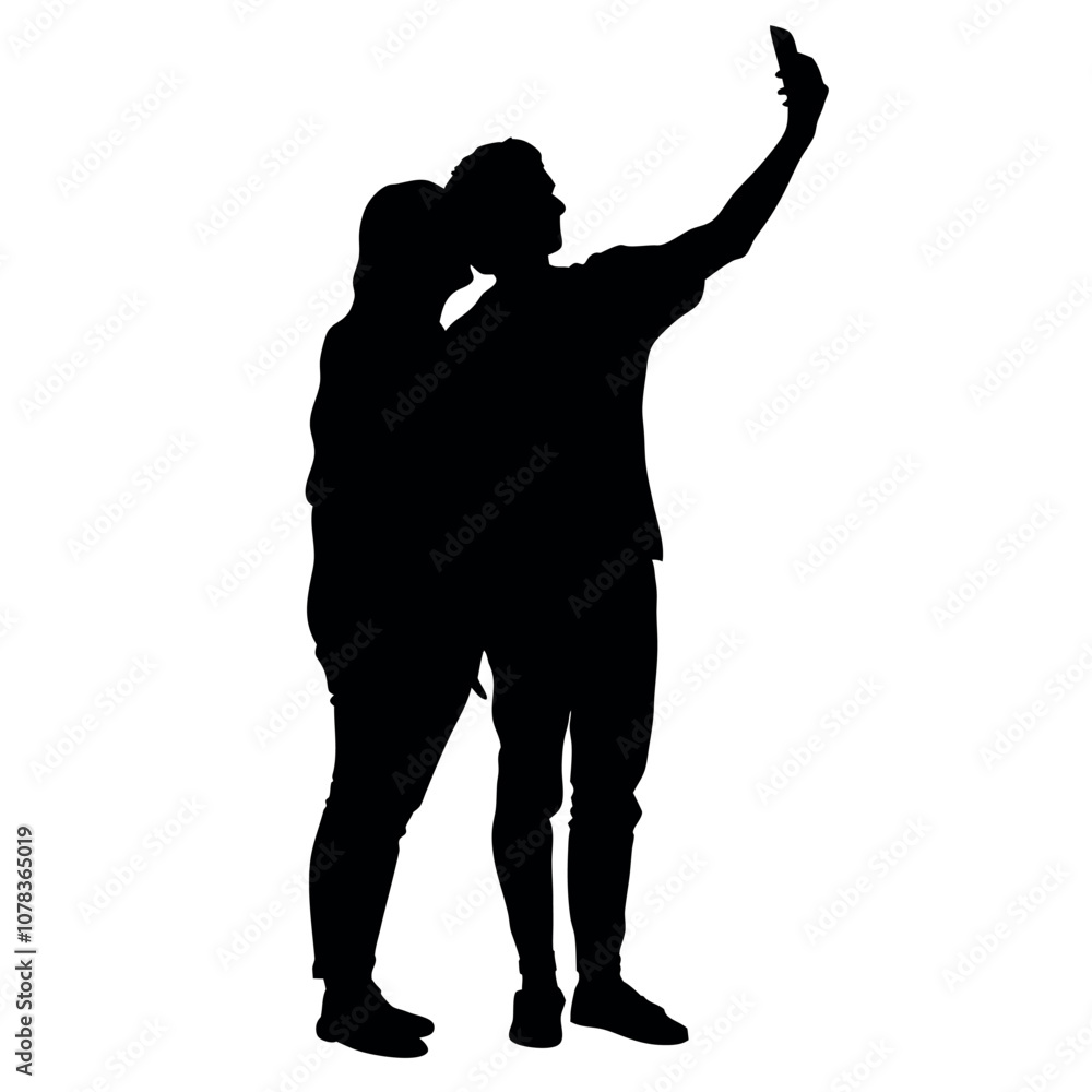 A couple standing side by side, with one person holding the phone for a selfie. The two are close together silhouette A couple standing side by side, with one person holding the phone for a selfie. The two are close together silhouette