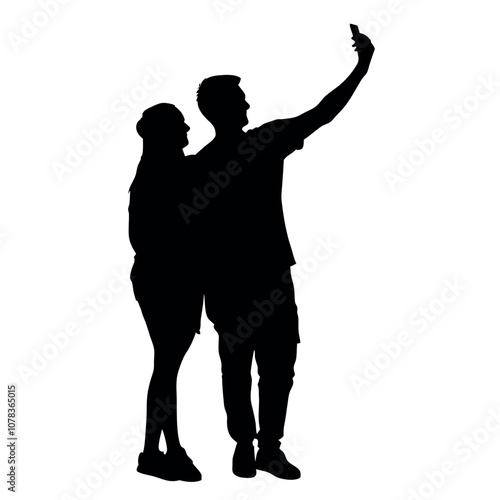 A couple standing side by side, with one person holding the phone for a selfie. The two are close together silhouette