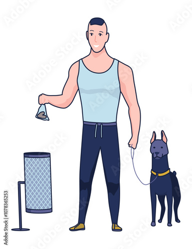 Cleaning after dog. Pet owner picking up pet waste during walk in public park. Animal responsibility of trash clean rules concept. Linear vector illustration