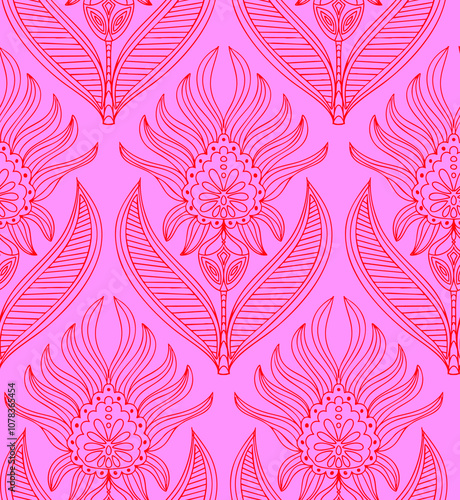 Seamless repeat pattern print background with ornament in roze and red 