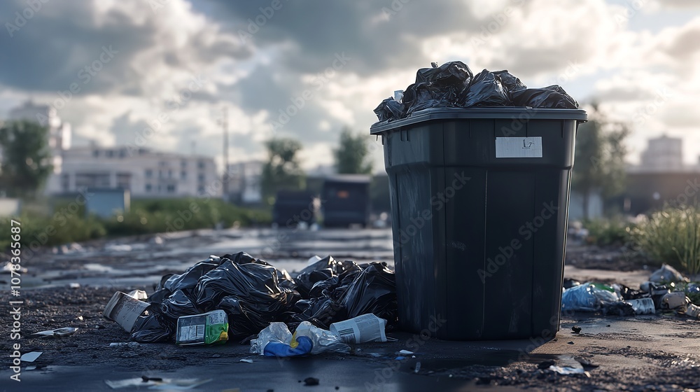 Full Garbage Bin and Black Plastic Trash Bags Around. Overflowing
Full Garbage Bin and Black Plastic Trash Bags Around. Overflowing