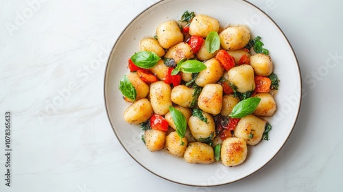 Plate of vegan gnocchi bright background clean layout copy space