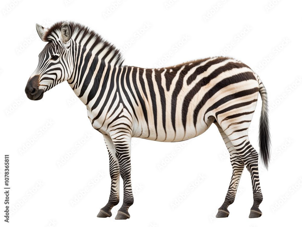 Fototapeta premium side view of zebra standing isolated on white transparent background