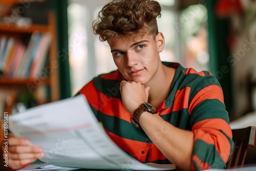 A young man is sitting at a table with a piece of paper in front of him photo