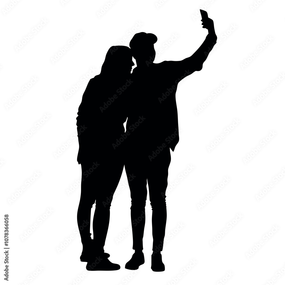 A couple standing side by side, with one person holding the phone for a selfie. The two are close together silhouette A couple standing side by side, with one person holding the phone for a selfie. The two are close together silhouette
