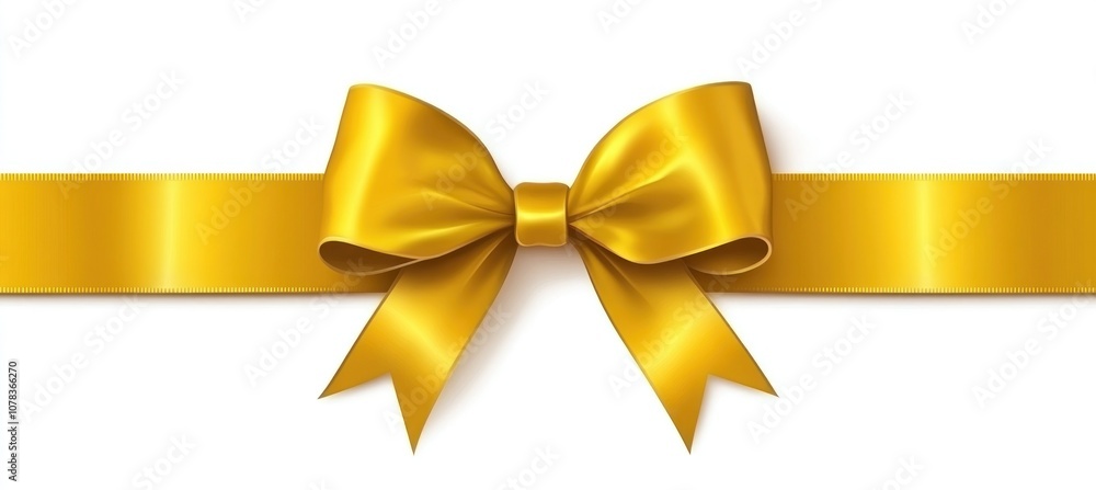 A yellow, golden ribbon bow with a horizontal silk band, isolated on a white background A yellow, golden ribbon bow with a horizontal silk band, isolated on a white background