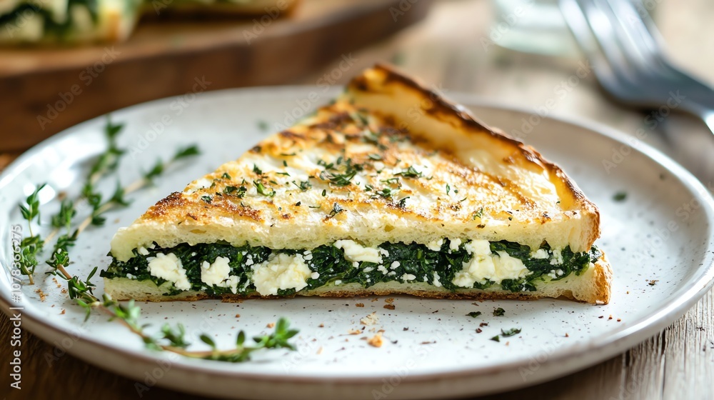 A slice of spinach and feta pie on a plate with fresh spinach leaves. A slice of spinach and feta pie on a plate with fresh spinach leaves.