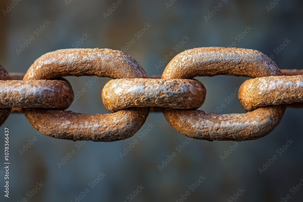 Rusty metal chain links displayed against a textured background in natural light outdoors Rusty metal chain links displayed against a textured background in natural light outdoors