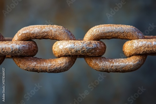 Rusty metal chain links displayed against a textured background in natural light outdoors